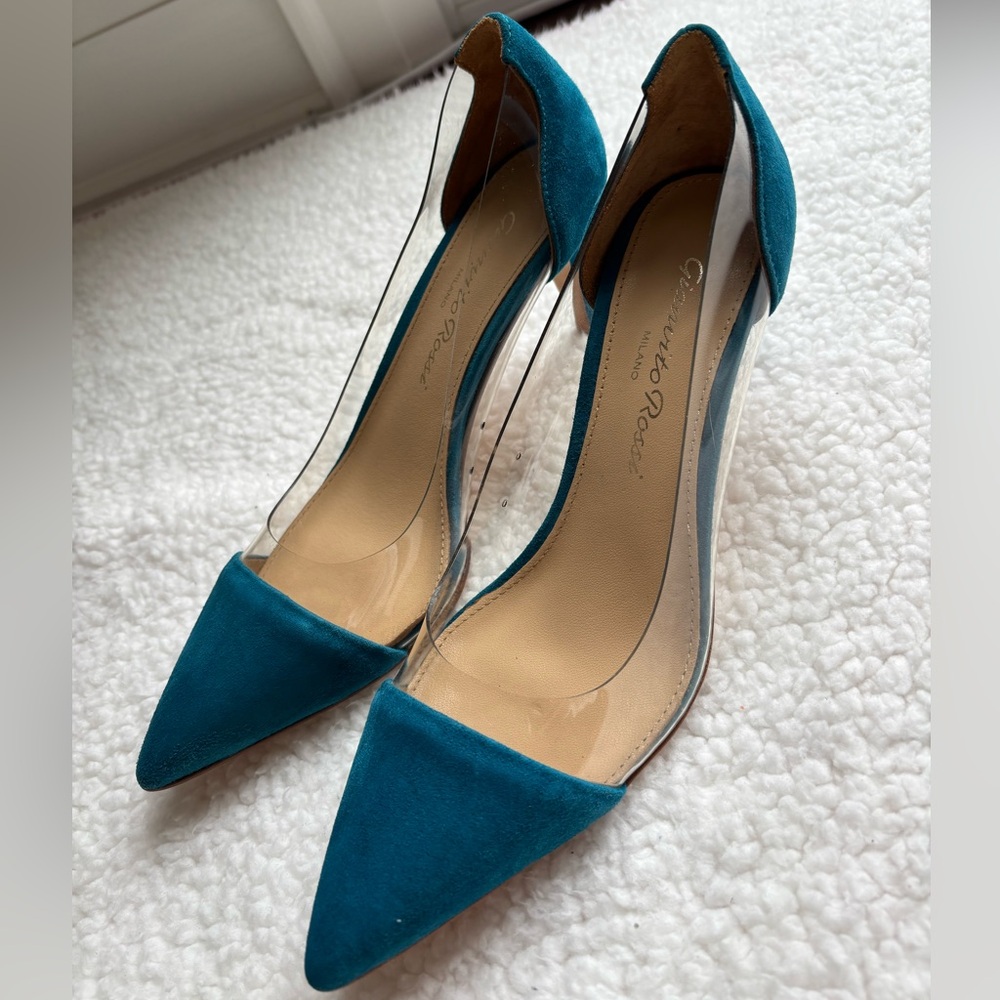 Gianvito Rossi Designer Teal Blue Suede Plexi Heels (37) - Picture 1 of 5